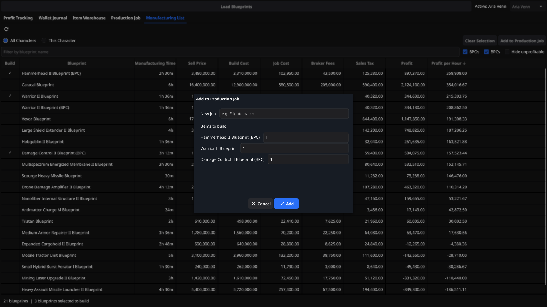 Add to Production Job dialog with three ticked blueprints