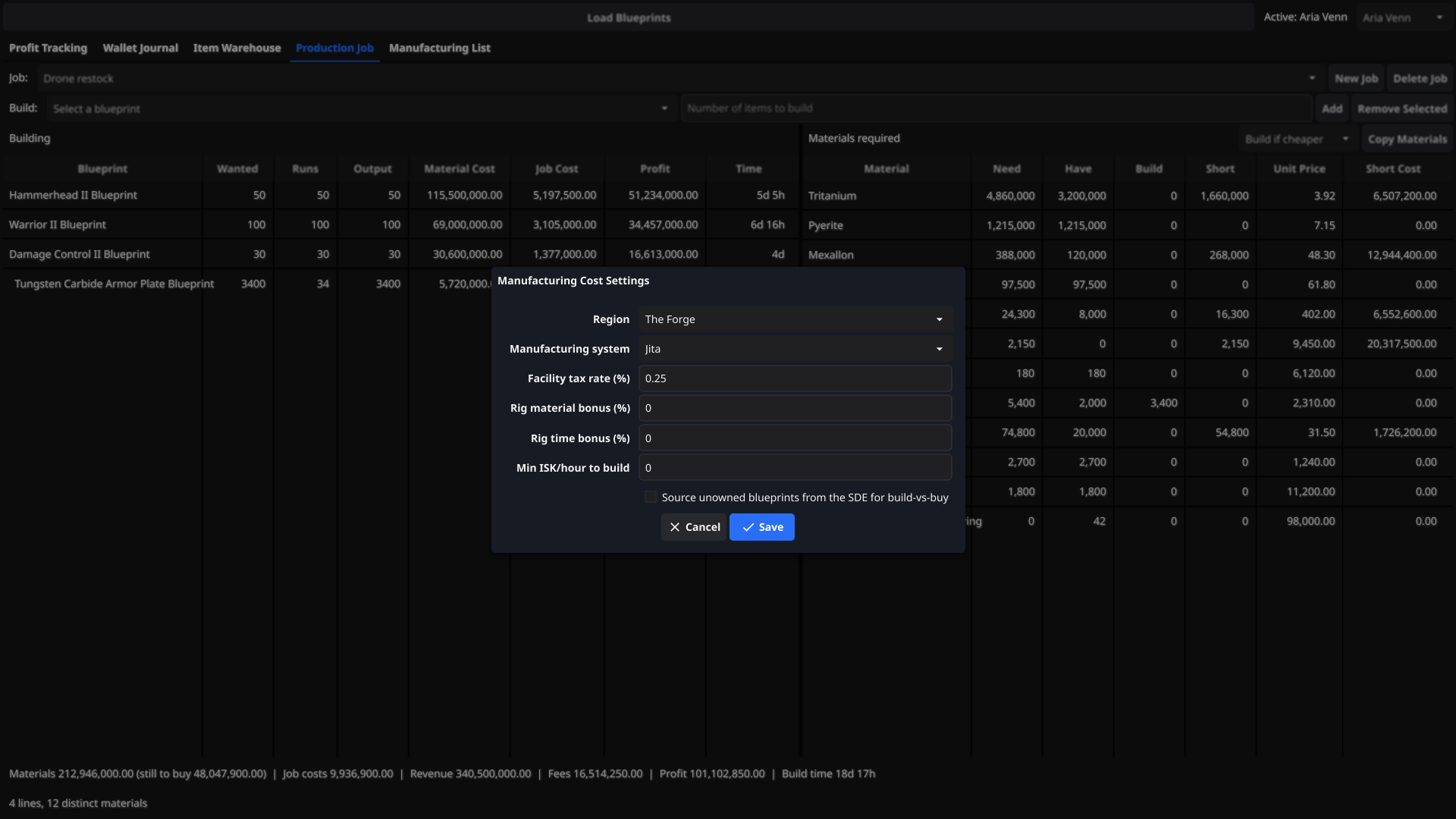 Manufacturing Cost Settings dialog with region, system, facility tax, rig bonuses and ISK/hour threshold